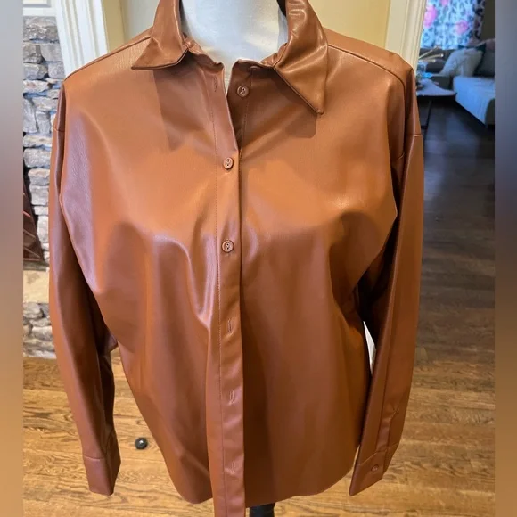 Zara Carmel brown faux leather shirt long sleeved M - Picture 1 of 5